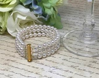 3 strand cuff, Bridal Pearl Bracelet, Bridesmaid jewelry, bridal jewelry, Gold pearl bracelet, Wedding bracelet PB026