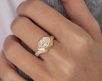 Pierścionek z brylantami Ada Hexagon o masie 3 ct, pierścionek z oprawą z diamentów hodowanych laboratoryjnie, nowoczesny pierścionek zaręczynowy z obrączką Pave, unikatowy geometryczny złoty pierścionek