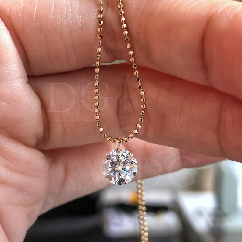 10K Solid Gold 1.00 Ct Floating Lab-Diamonds Necklace, Minimalist, Solitaire Necklace, Anniversary, Birthday, Valentine's Gifts For Her