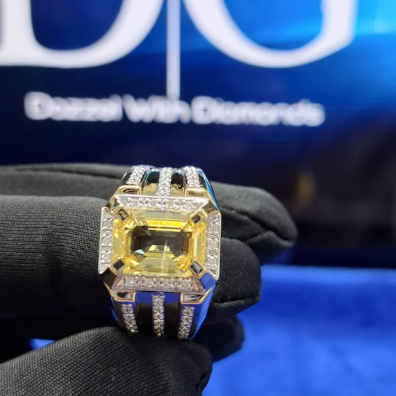 メンズ 14K ゴールド エメラルドカット イエローサファイア リング 