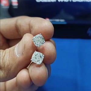 4 Carat Cushion Cut Diamond Stud Earrings: 14K White Gold