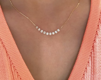 Lab Grown Diamond Station Necklace, 10KT Gold Floating Diamond Jewelry, Everyday Elegant Necklace