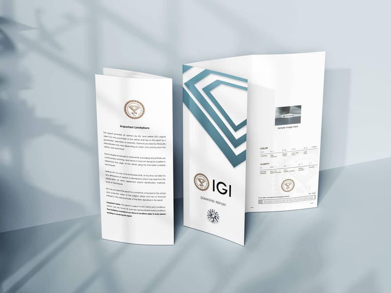 May include: Three white IGI Diamond Report brochures with teal geometric designs and text. The brochures are open, displaying text and a diamond image. The IGI logo and a diamond graphic are visible. The brochures are on a light blue surface.