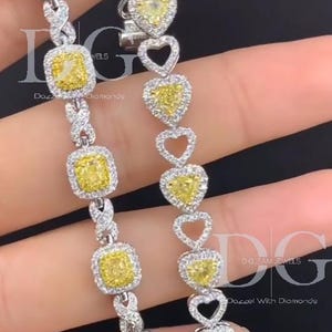 8ct Lab Grown Yellow Diamond Tennis Bracelet: 18k White Gold Cushion Cut