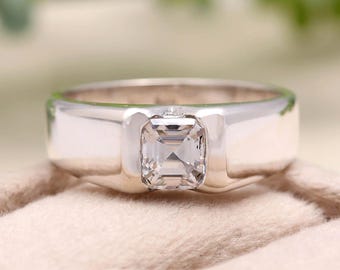 Moissanit Herrenring , 925 Sterlingsilber / 14 Karat Gold Asscher Moissanit Verlobungsring , Ehering