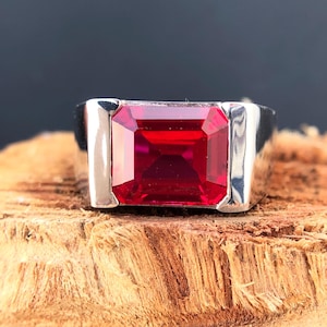 Ruby mens ring,925 Sterling Silver/14k Gold Wedding ring For man,6ct Big Emerald Cut Red Ruby Gemstone July Birthstone Gift ring Jewelry
