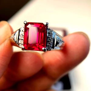 Ruby Men&#39;s Ring, 925 Sterling Silver/14k Solid Gold Ruby Engagement ring for Man,3ct Emerald Cut Red Gemstone July Birthstone men&#39;s Gift