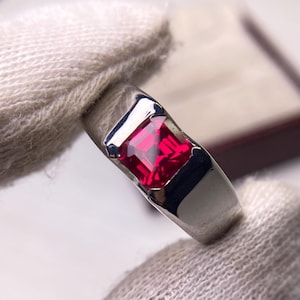 Men&#39;s Ruby Ring, 925 Sterling Silver/14k Solid Gold Ruby Engagement Ring For Man,Asscher Cut Plain Band Solitaire July Birthstone men&#39;s Gift
