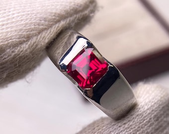 Anillo de rubí para hombre, plata de ley 925/oro macizo de 14 k, anillo de compromiso con rubí para hombre, corte Asscher, banda lisa, solitario, piedra natal de julio, regalo para hombre.