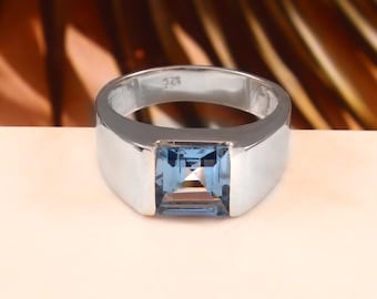 Aquamarine Ring Mens: Square Gemstone, Sterling Silver March Birthstone