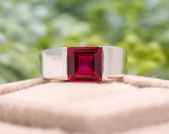 3ct Men's Ruby Ring, Sterling Silver, Solid Gold Engagement ring for Man, Red Gemstone July Birthstone Plain Wedding Band