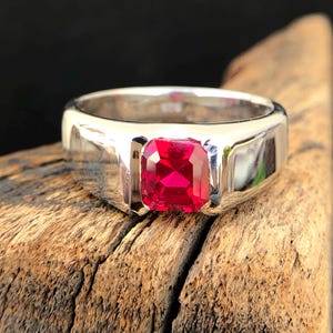 Ruby ring mens, 925 Sterling Silver/14k Gold Wedding ring For man, 6mm 1ct Asscher cut Ruby Gemstone men&#39;s  Anniversary Gift ring Jewelry