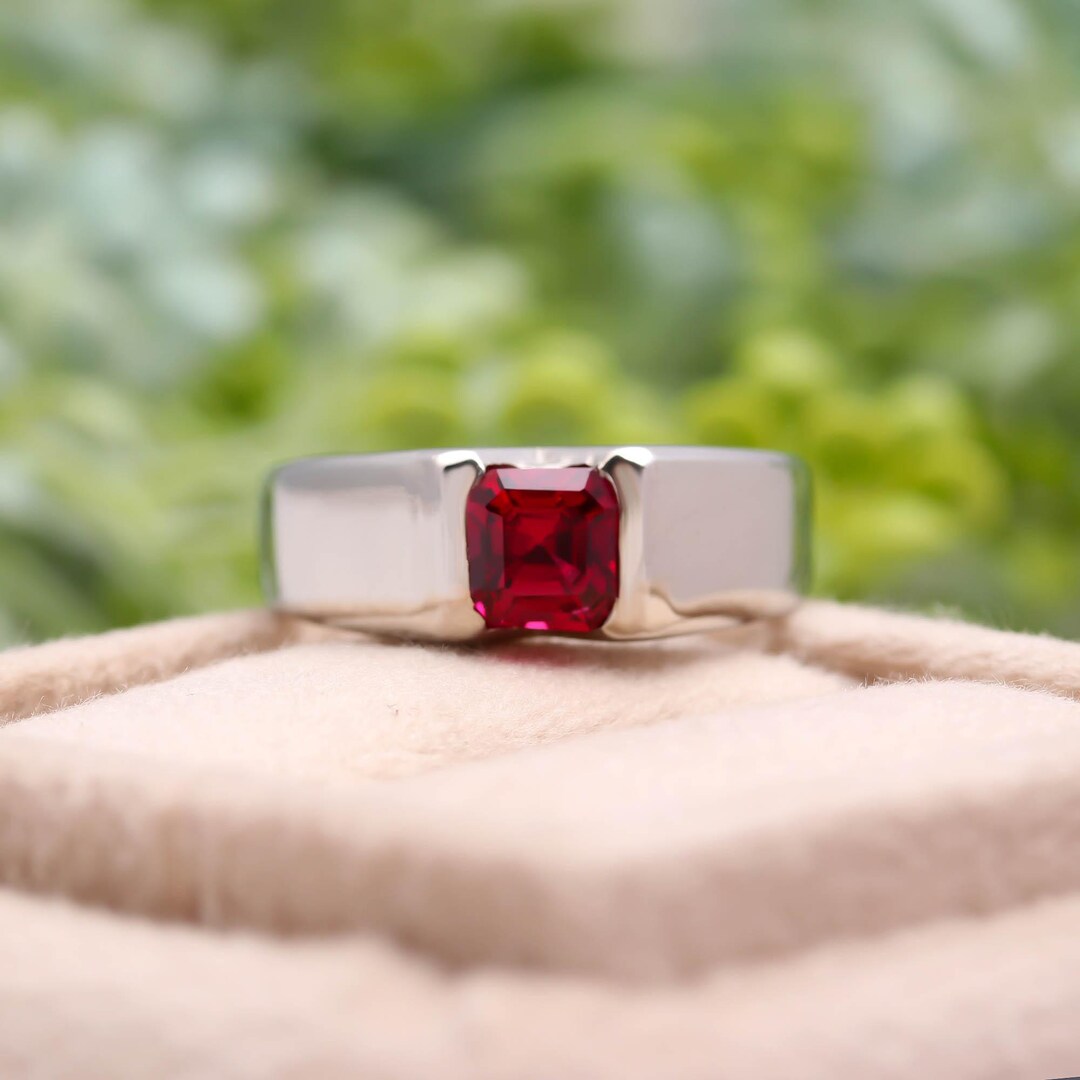 Asscher Cut Plain Band Ruby Ring,14k Solid Gold Ruby Engagement Ring ...