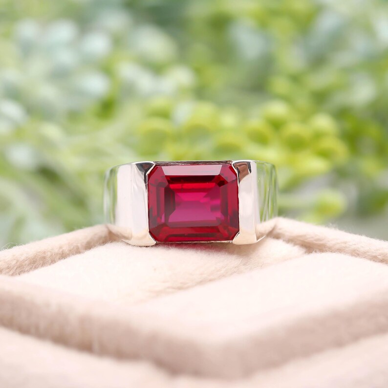 Ruby Men's Ring: 6ct Emerald Cut, Sterling Silver Engagement Ring, July ...