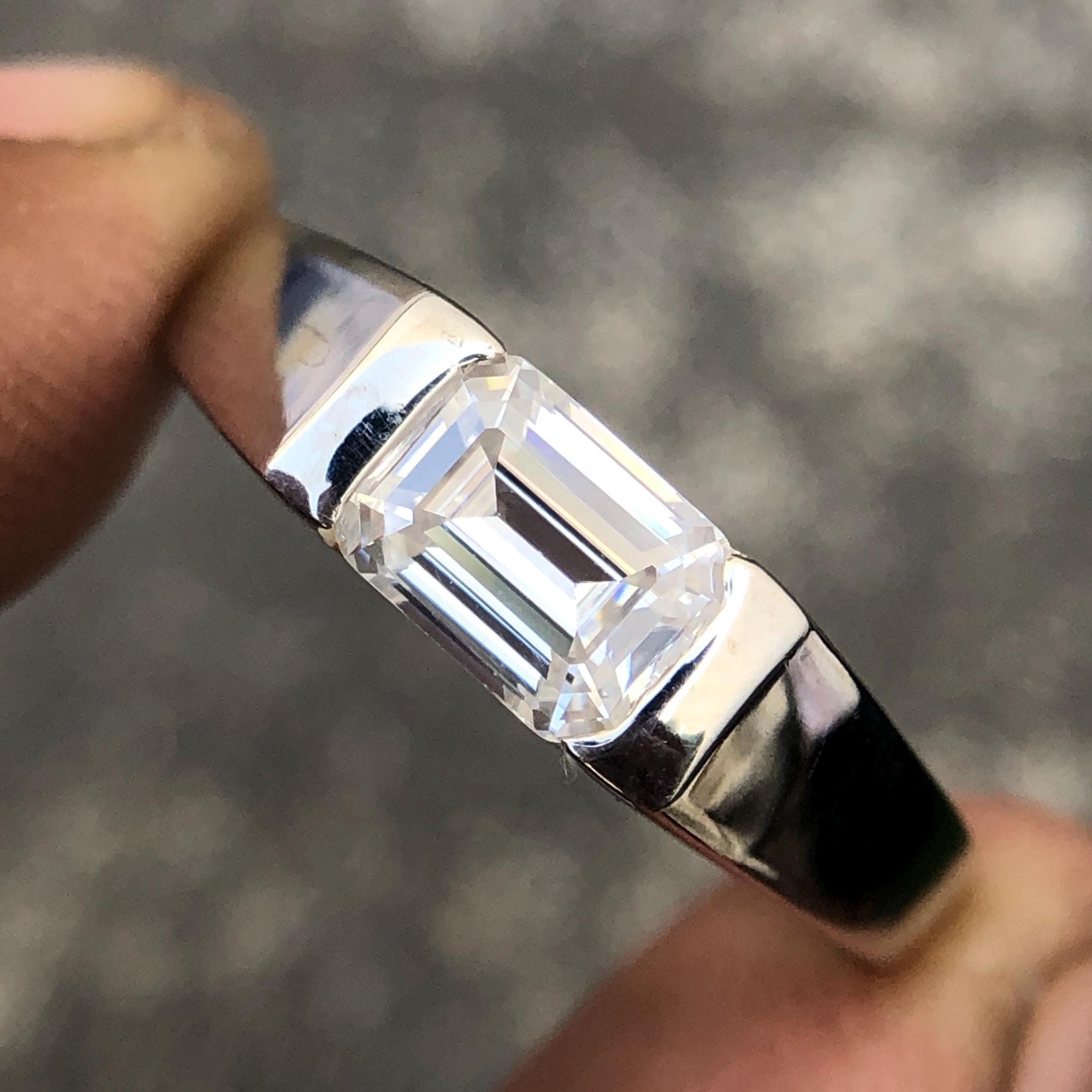 Moissanite mens ring , 925 Sterling silver Emerald cut Moissanite Engagement ring D color VVS 1.5ct Certified Moissanite men's gift ring