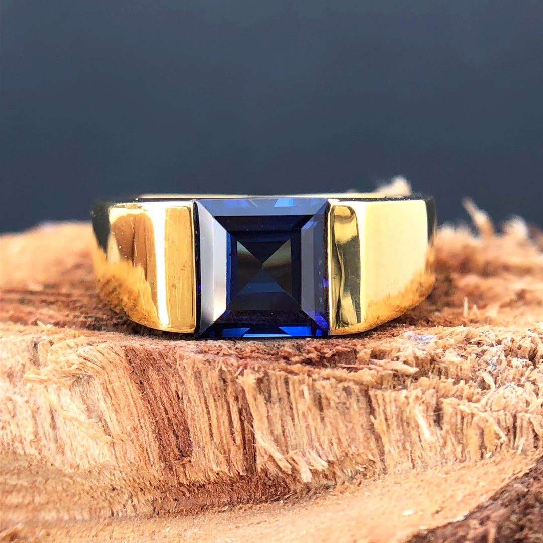 14k Solid Gold Sapphire Wedding Ring for Men's, 4ct Blue Color Sapphire — free download