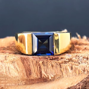 14k Solid Gold Sapphire wedding Ring for men&#39;s, 4ct Blue Color Sapphire gemstone September Birthstone Men&#39;s Gift Ring Jewelry