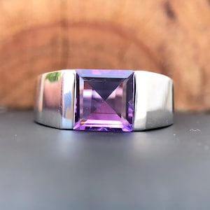 Anillo de amatista para hombre, anillo de compromiso con sello de plata de ley 925/oro macizo de 14 k para hombre, anillo unisex con piedra natal de febrero y piedra preciosa natural morada