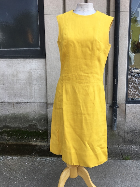 1960 yellow linen Lanz sheath dress suspender stit