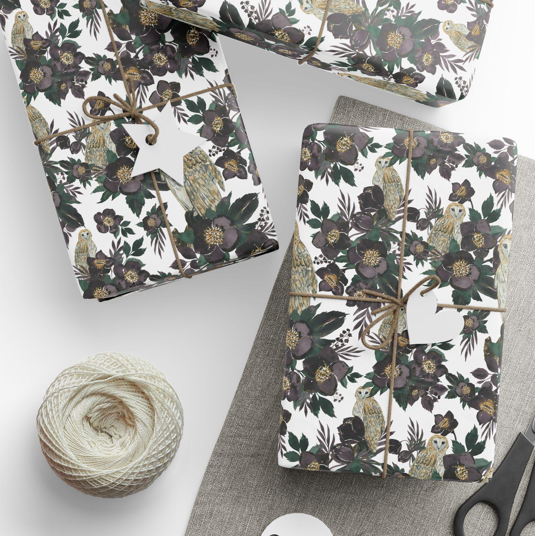 Gray Tone Owl and Flower Design, White Background, Gift Wrap, Scrapbooking Paper, Craft Supplies, DI