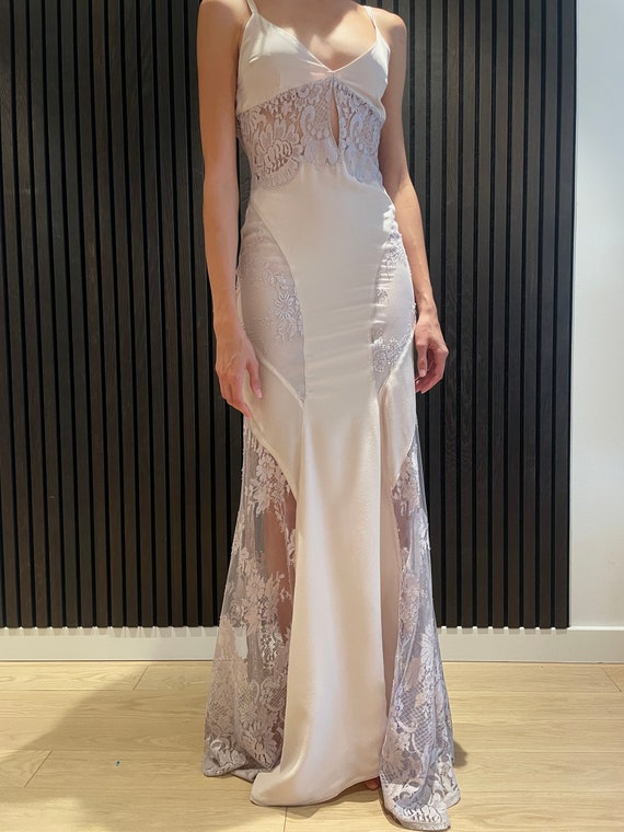 Lace Satin Gown -one-of-a-kind Handmade Bridal or Evening Dress With Sheer Lace Panels. - Etsy Lace Satin Gown -one-of-a-kind Handmade Bridal or Evening Dress With Sheer Lace Panels. - Etsy