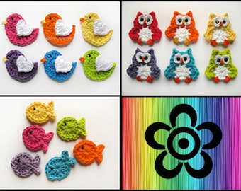PATTERN PACK of 3 Crochet Applique Patterns-Bird, Owl, and Fish