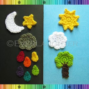 Sun Moon Star Cloud Raindrop Tree Applique CROCHET PATTERN image 1