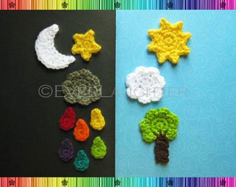 Sun Moon Star Cloud Raindrop Tree Applique  - CROCHET PATTERN
