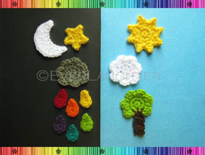 Sun Moon Star Cloud Raindrop Tree Applique CROCHET PATTERN image 1