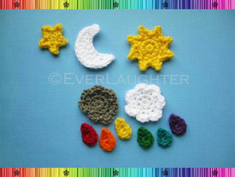 Sun Moon Star Cloud Raindrop Tree Applique CROCHET PATTERN image 2