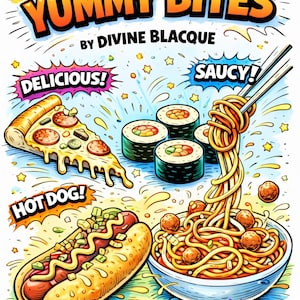 Può includere: Illustrazione colorata di vari cibi, tra cui pizza, sushi, un hot dog e pasta. L'immagine presenta il testo "YUMMY BITES" e "BY DIVINE BLACQUE". Il testo aggiuntivo include "DELICIOUS!", "SAUCY!", "HOT DOG!" e "PASTA!"