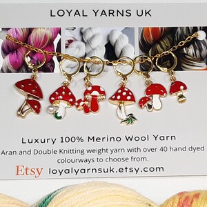 Mushroom Stitch Markers: Enamel Gold Tone Charms Knitting Crochet Gift - Set of 6