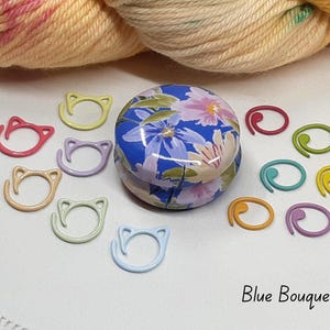 Floral Stitch Marker Tins with stitch markers - Knitting Crochet Accessory Set, 12 Designs Blue Bouquet