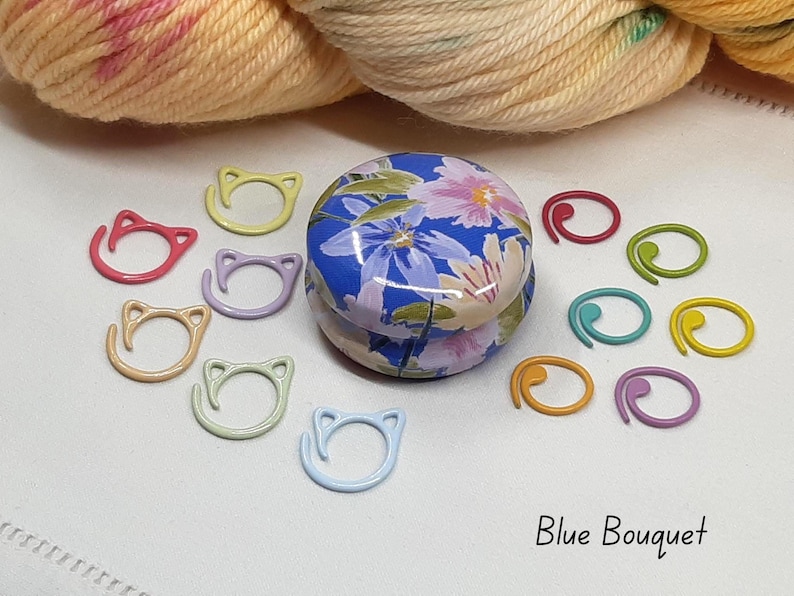 Floral Stitch Marker Tins with stitch markers - Knitting Crochet Accessory Set, 12 Designs Blue Bouquet