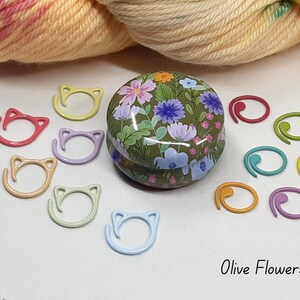 Floral Stitch Marker Tins with stitch markers - Knitting Crochet Accessory Set, 12 Designs Olive Flowers