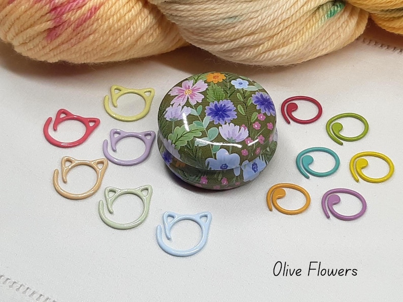 Floral Stitch Marker Tins with stitch markers - Knitting Crochet Accessory Set, 12 Designs Olive Flowers