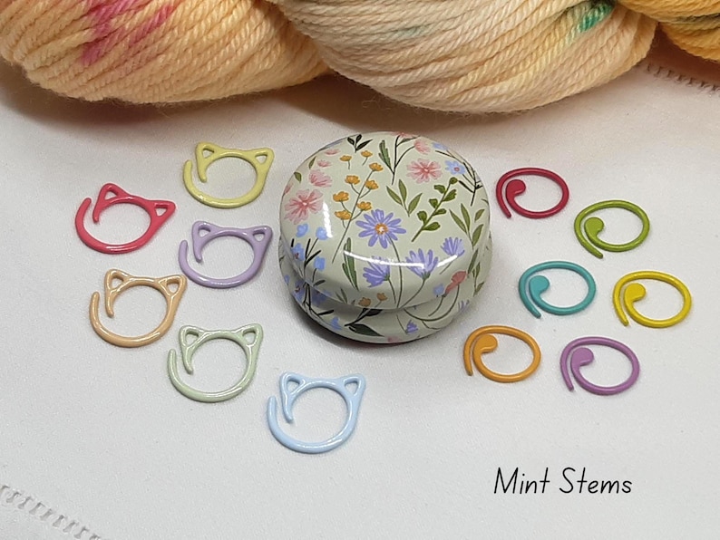 Floral Stitch Marker Tins with stitch markers - Knitting Crochet Accessory Set, 12 Designs Mint Stems