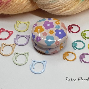Floral Stitch Marker Tins with stitch markers - Knitting Crochet Accessory Set, 12 Designs Retro Floral