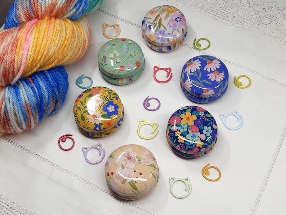 Floral Stitch Marker Tins with stitch markers - Knitting Crochet Accessory Set, 12 Designs