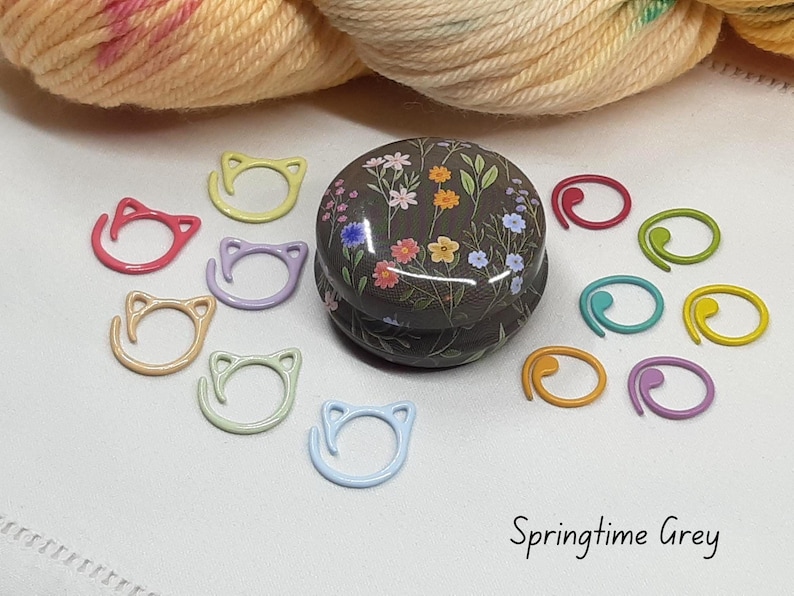 Floral Stitch Marker Tins with stitch markers - Knitting Crochet Accessory Set, 12 Designs Springtime Grey