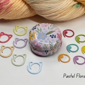 Floral Stitch Marker Tins with stitch markers - Knitting Crochet Accessory Set, 12 Designs Pastel Flora