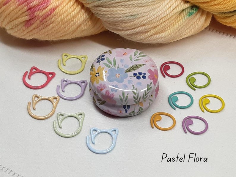 Floral Stitch Marker Tins with stitch markers - Knitting Crochet Accessory Set, 12 Designs Pastel Flora