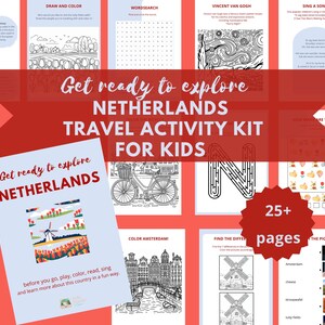 May include: A printable travel activity kit for kids featuring activities about the Netherlands. The kit includes colouring pages, word searches, mazes, and more. The cover features a windmill and tulips.