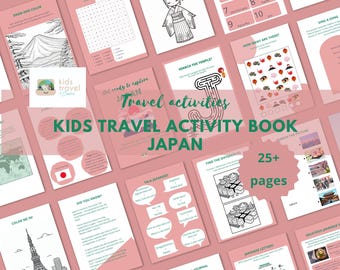 Pode incluir: Um livro de atividades rosa e verde para crianças sobre viajar para o Japão. A capa apresenta uma montanha, um templo, uma cerejeira em flor e um círculo vermelho com um ponto branco no centro. O título do livro é "Kids Travel Activity Book Japan" e o subtítulo é "25+ páginas".