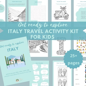 Puede incluir: Un kit de actividades imprimible para niños con más de 25 páginas de actividades sobre Italia. El kit incluye una búsqueda de palabras, un laberinto, un colorear la Vespa, una canción, un hablar italiano, un encontrar las diferencias y un adivinar la imagen. El kit también incluye una página para dibujar y colorear con una imagen de un hermoso paisaje italiano.