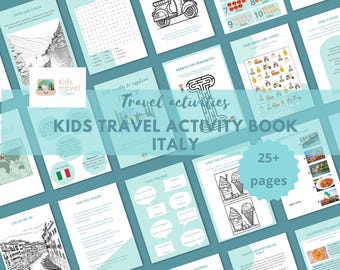 Peut inclure: Un livre d'activités coloré pour enfants avec des illustrations de monuments, de nourriture et de culture italiens. Le livre comprend des activités telles que la coloration, les labyrinthes, les mots croisés et plus encore. La couverture présente le texte "Kids Travel Activity Book Italy" et un schéma de couleurs bleu et vert.
