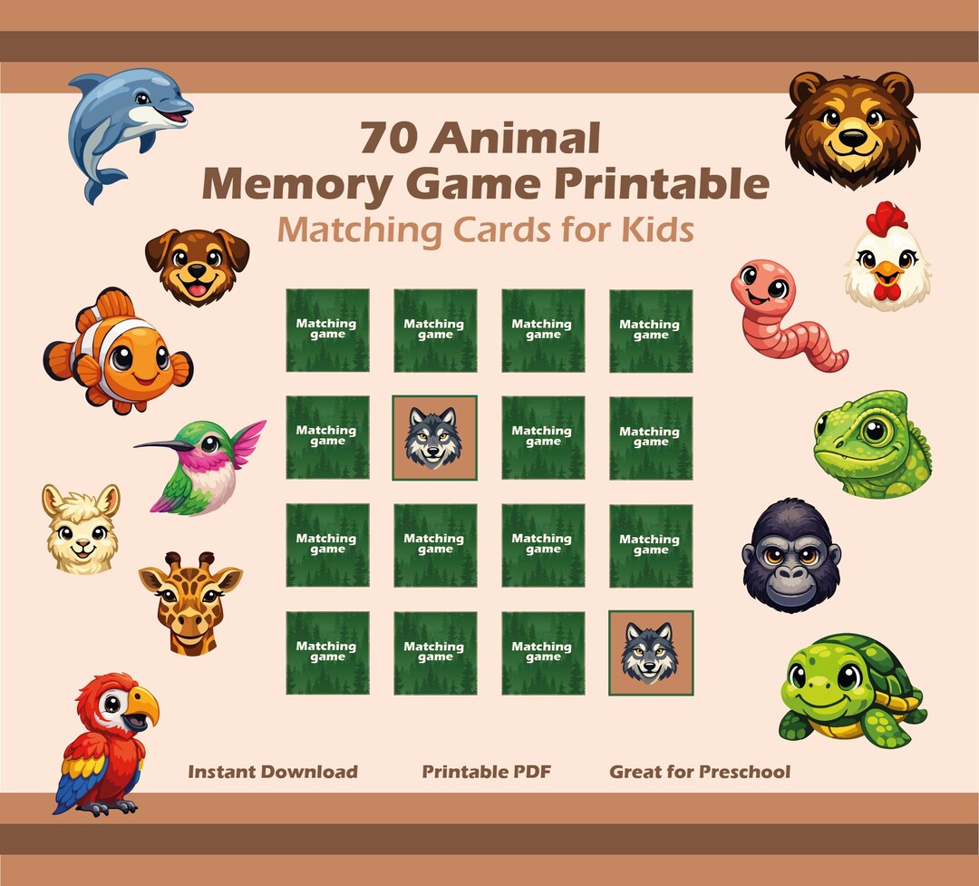 Animal Memory Game – 70 Animals – Printable PDF - Learning Activity for ...