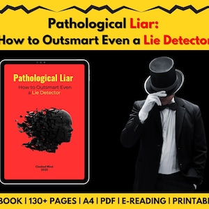Może przedstawiać: Okładka książki z czerwonym tłem i tytułem "Pathological Liar: How to Outsmart Even a Lie Detector". Okładka przedstawia czarno-białą ilustrację rozbitej głowy.