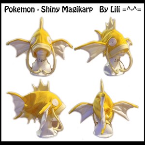 May include: Four yellow and white plush Magikarp hats. The hats are designed to look like the Pokemon character Magikarp. The hats are shown from different angles.