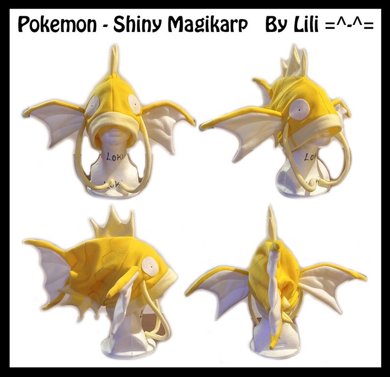 May include: Four yellow and white plush Magikarp hats. The hats are designed to look like the Pokemon character Magikarp. The hats are shown from different angles.